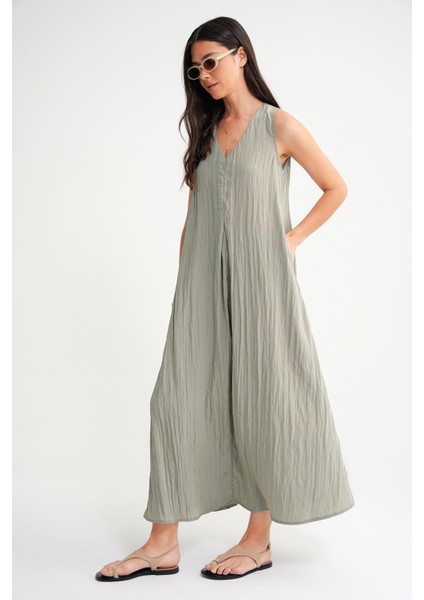 Kadın V Yaka Midi Elbise Klasik Stil Kolsuz Ön Pileli Çağla Renk modelleri