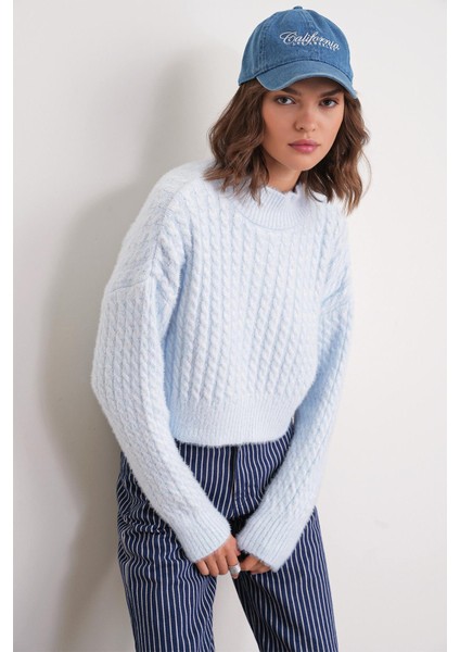 6893 Kadın Saç Örgülü Sakallı Crop Triko Kazak Bebe Mavi fiyatları