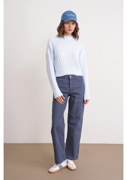 6893 Kadın Saç Örgülü Sakallı Crop Triko Kazak Bebe Mavi modelleri