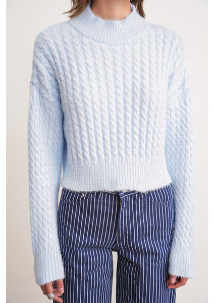 6893 Kadın Saç Örgülü Sakallı Crop Triko Kazak Bebe Mavi indirimleri