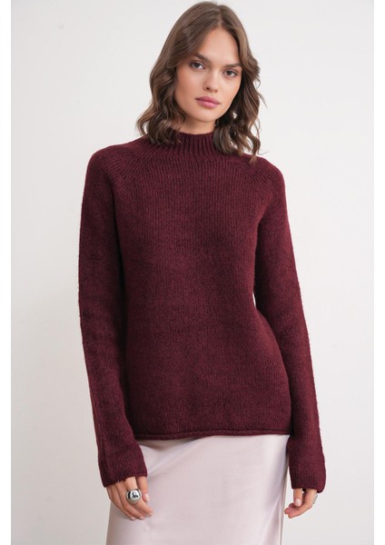 6849 Kadın Dikişsiz Dik Yaka Triko Kazak Bordo
