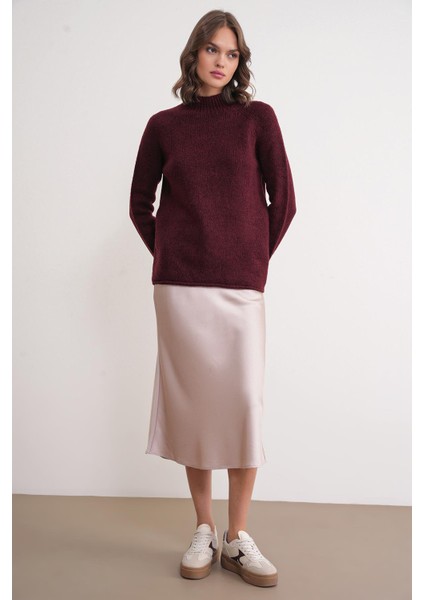 6849 Kadın Dikişsiz Dik Yaka Triko Kazak Bordo fiyatları