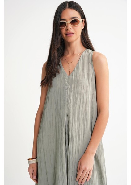 Kadın V Yaka Midi Elbise Klasik Stil Kolsuz Ön Pileli Çağla Renk indirimleri