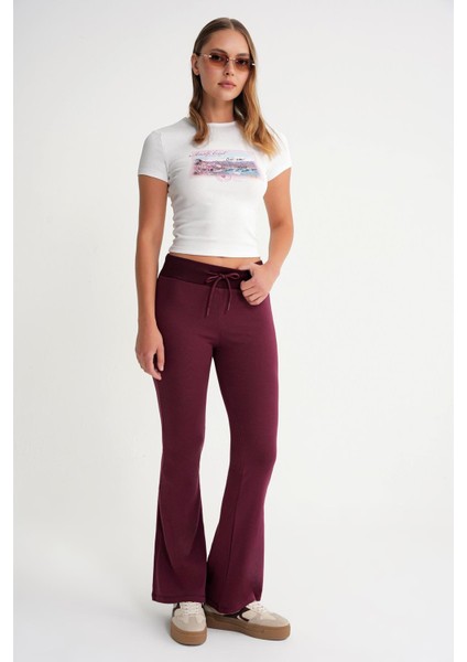 2017 Kadın Yüksek Bel Ispanyol Paça Örme Bağcıklı Tayt Bordo