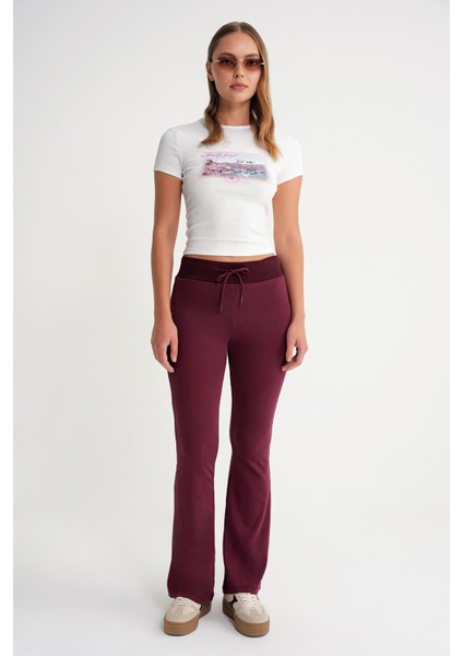2017 Kadın Yüksek Bel Ispanyol Paça Örme Bağcıklı Tayt Bordo fiyatları