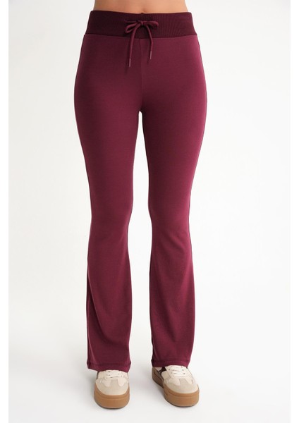 2017 Kadın Yüksek Bel Ispanyol Paça Örme Bağcıklı Tayt Bordo modelleri
