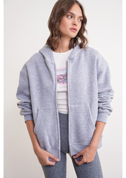 2023 Unisex 3iplik Basic Polarlı Fermuarlı Sweatshirt Hoodie Gri