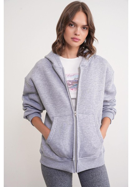 2023 Unisex 3iplik Basic Polarlı Fermuarlı Sweatshirt Hoodie Gri modelleri