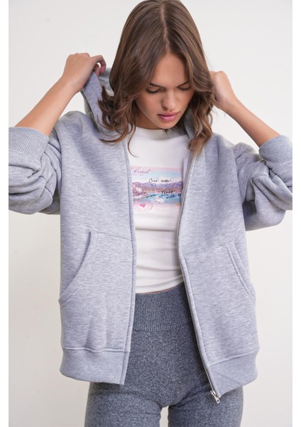 2023 Unisex 3iplik Basic Polarlı Fermuarlı Sweatshirt Hoodie Gri fırsatları