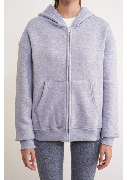 2023 Unisex 3iplik Basic Polarlı Fermuarlı Sweatshirt Hoodie Gri indirimleri