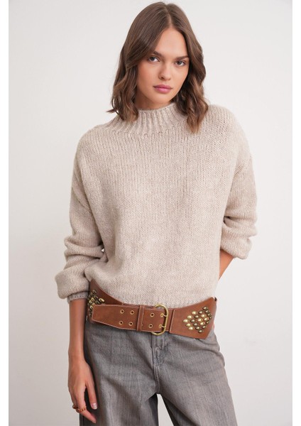 6700 Kadın Dik Yaka Balon Triko Kazak Taş