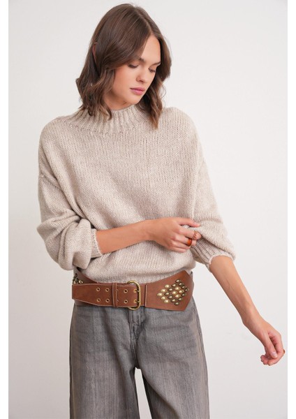 6700 Kadın Dik Yaka Balon Triko Kazak Taş modelleri