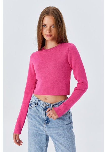 6727 Kadın Bisiklet Yaka Crop Triko Kazak Fuşya modelleri