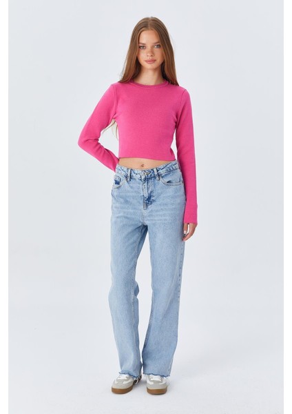 6727 Kadın Bisiklet Yaka Crop Triko Kazak Fuşya indirimleri