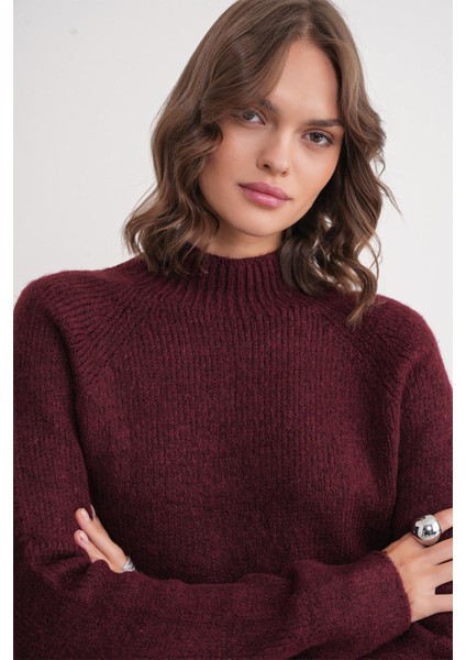 6849 Kadın Dikişsiz Dik Yaka Triko Kazak Bordo modelleri
