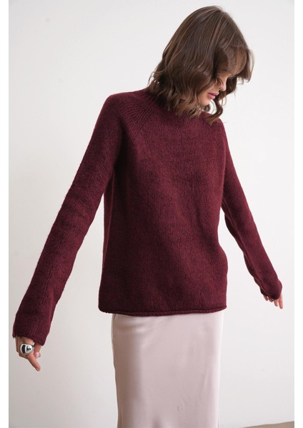 6849 Kadın Dikişsiz Dik Yaka Triko Kazak Bordo fırsatları