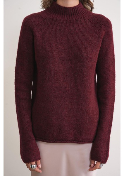 6849 Kadın Dikişsiz Dik Yaka Triko Kazak Bordo indirimleri