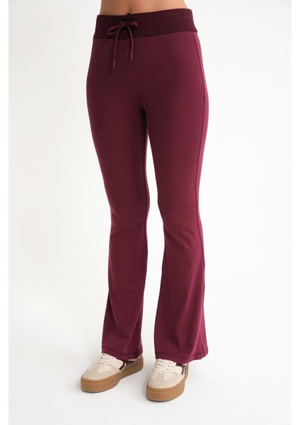 2017 Kadın Yüksek Bel Ispanyol Paça Örme Bağcıklı Tayt Bordo fırsatları