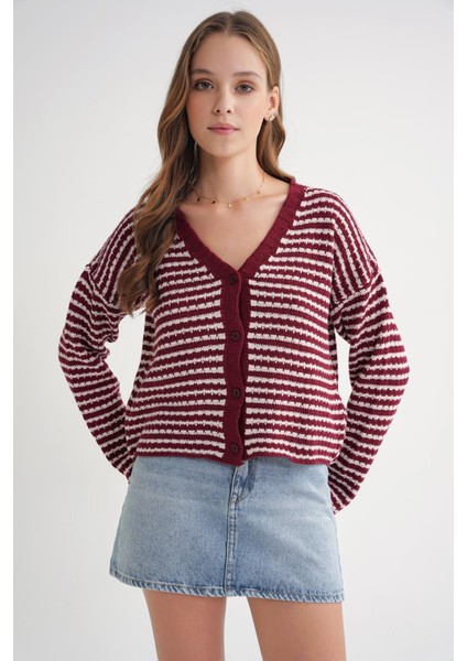 6948 Kadın V Yaka Ince Çizgili Triko Hırka Bordo