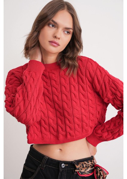 6863 Kadın Saç Örgülü Crop Triko Kazak Kırmızı