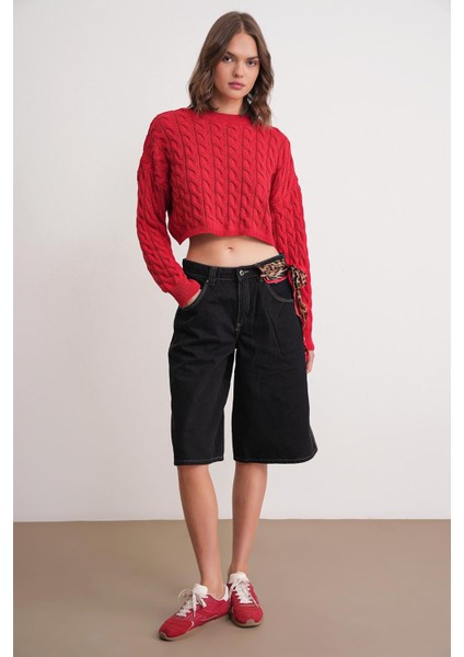 6863 Kadın Saç Örgülü Crop Triko Kazak Kırmızı fiyatları