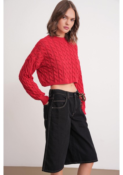 6863 Kadın Saç Örgülü Crop Triko Kazak Kırmızı modelleri