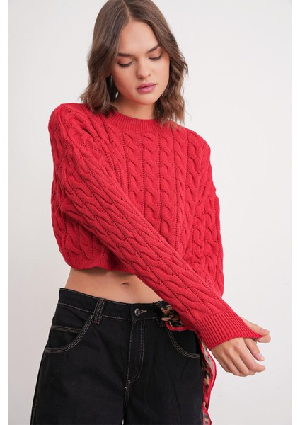 6863 Kadın Saç Örgülü Crop Triko Kazak Kırmızı fırsatları