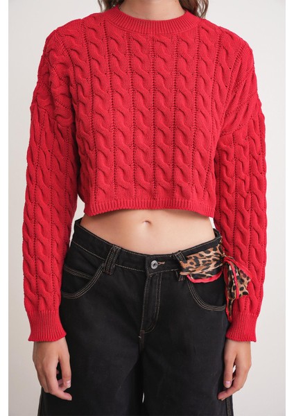 6863 Kadın Saç Örgülü Crop Triko Kazak Kırmızı indirimleri