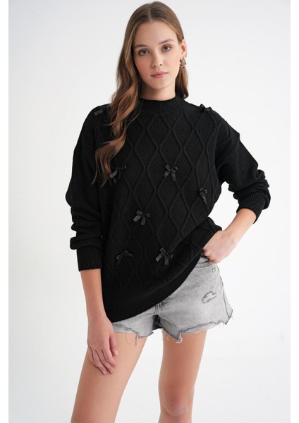 6946 Kadın Oversize Bisiklet Yaka Kurdeleli Triko Kazak Siyah