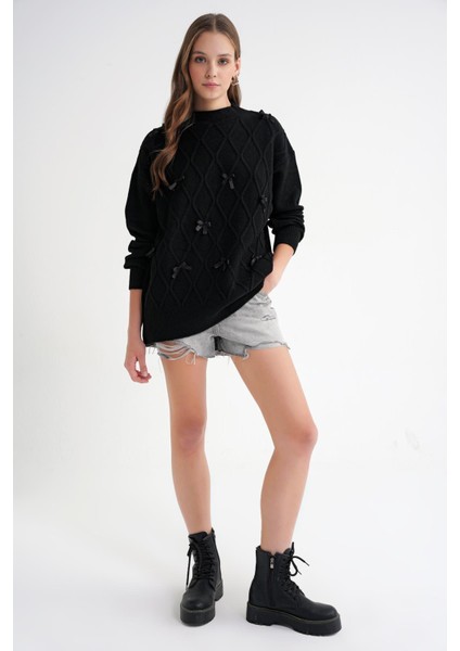 6946 Kadın Oversize Bisiklet Yaka Kurdeleli Triko Kazak Siyah fiyatları
