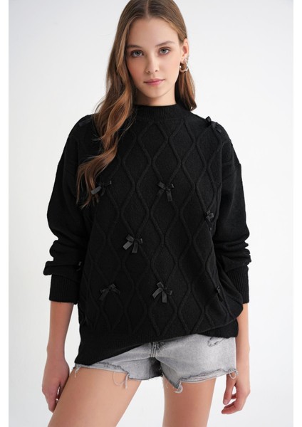 6946 Kadın Oversize Bisiklet Yaka Kurdeleli Triko Kazak Siyah fırsatları