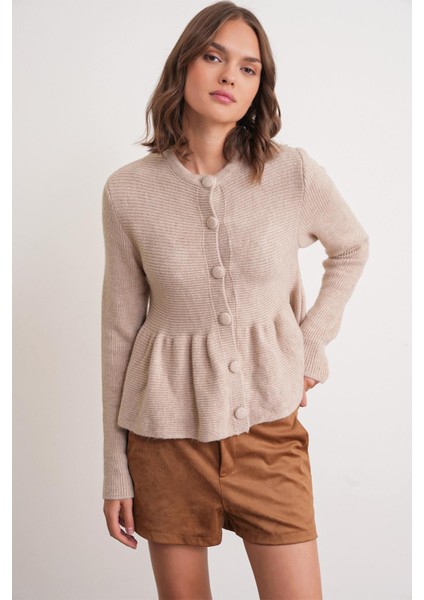 6958 Kadın Triko Peplum Hırka Bej