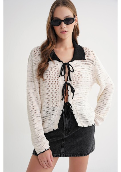 6945 Kadın Ajurlu Bağlamalı Triko Hırka Naturel