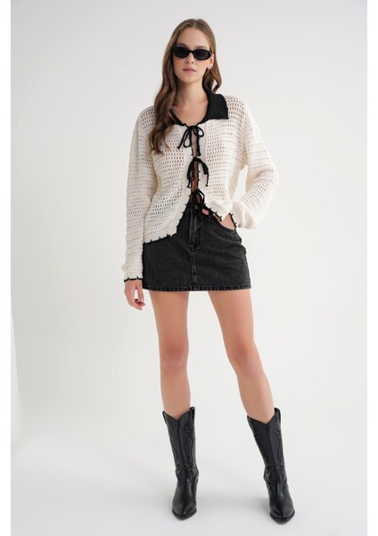 6945 Kadın Ajurlu Bağlamalı Triko Hırka Naturel fiyatları