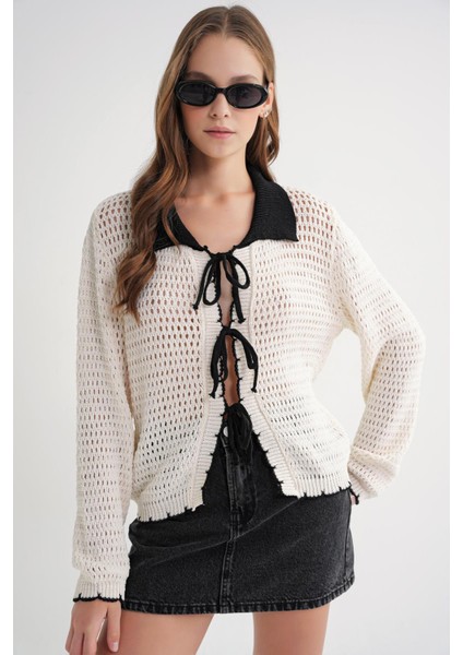 6945 Kadın Ajurlu Bağlamalı Triko Hırka Naturel fırsatları