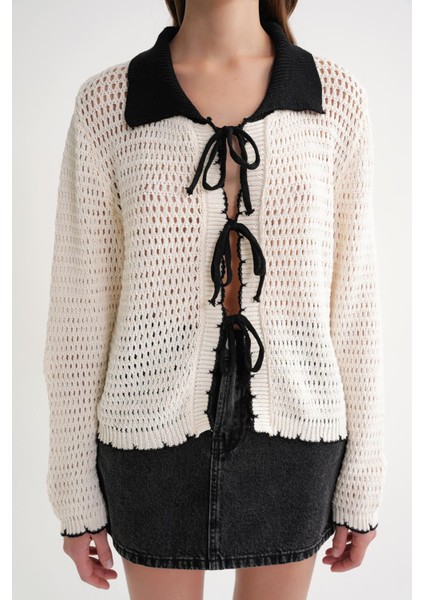 6945 Kadın Ajurlu Bağlamalı Triko Hırka Naturel indirimleri