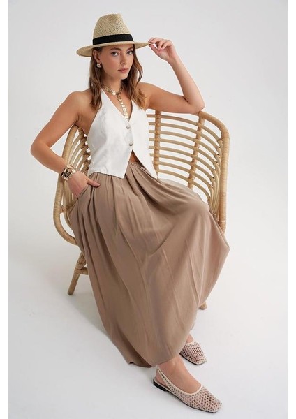 4612 Kadın Yandan Cepli Pileli Bol Etek Toprak fiyatları