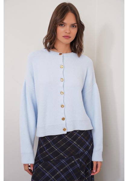 6956 Kadın Taş Düğme Detaylı Triko Yumoş Hırka Bebe Mavi