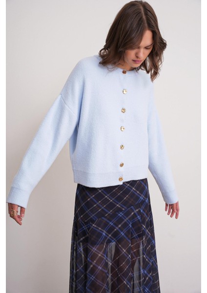 6956 Kadın Taş Düğme Detaylı Triko Yumoş Hırka Bebe Mavi modelleri