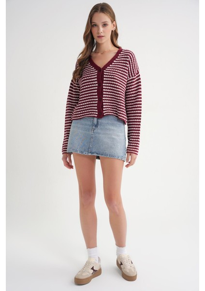 6948 Kadın V Yaka Ince Çizgili Triko Hırka Bordo fiyatları