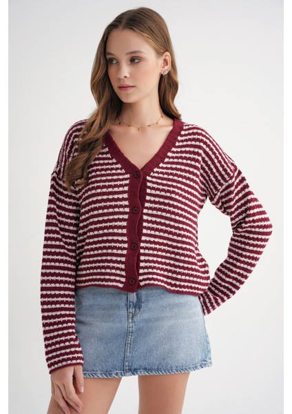 6948 Kadın V Yaka Ince Çizgili Triko Hırka Bordo modelleri