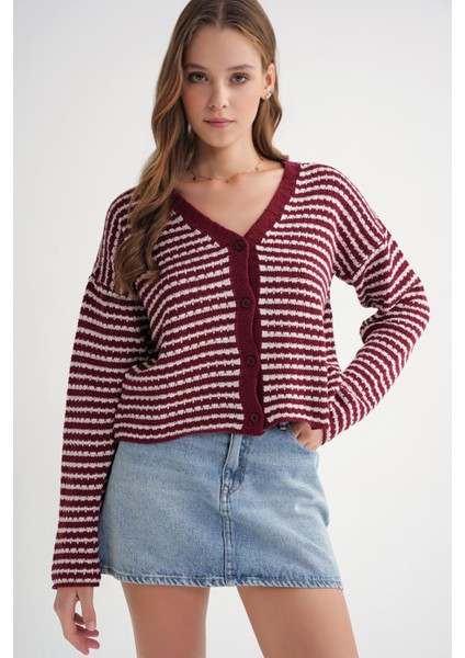 6948 Kadın V Yaka Ince Çizgili Triko Hırka Bordo fırsatları