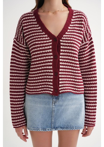 6948 Kadın V Yaka Ince Çizgili Triko Hırka Bordo indirimleri