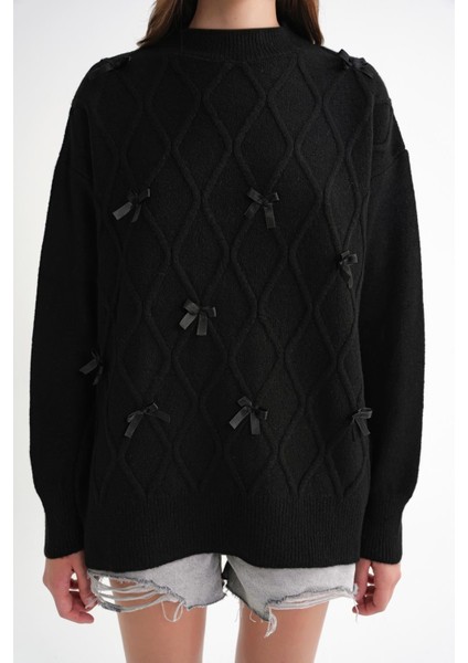 6946 Kadın Oversize Bisiklet Yaka Kurdeleli Triko Kazak Siyah indirimleri