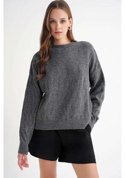 6947 Kadın Kendinden Desenli Oversize Triko Kazak Antrasit