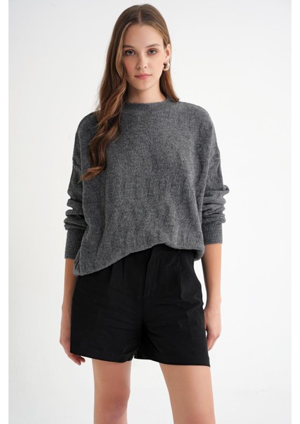 6947 Kadın Kendinden Desenli Oversize Triko Kazak Antrasit modelleri