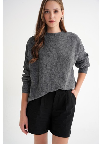 6947 Kadın Kendinden Desenli Oversize Triko Kazak Antrasit indirimleri