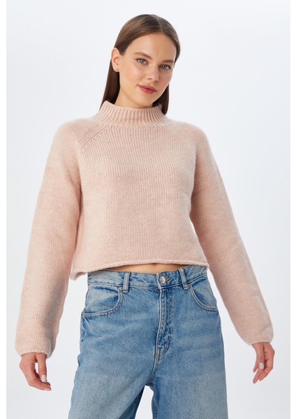 6854 Kadın Dik Yaka Bütün Crop Triko Kazak Pudra