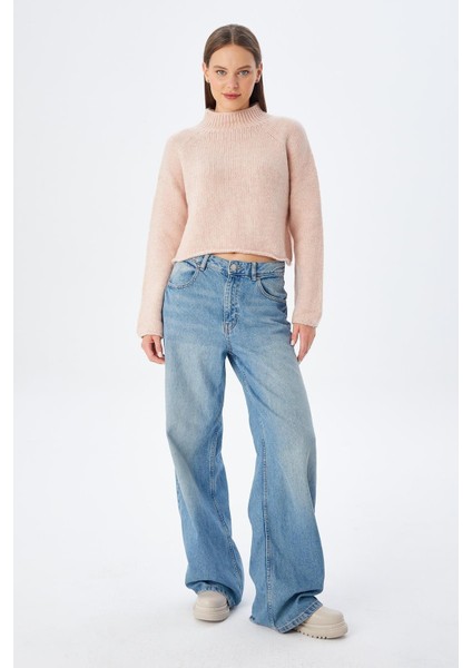 6854 Kadın Dik Yaka Bütün Crop Triko Kazak Pudra fırsatları