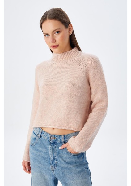 6854 Kadın Dik Yaka Bütün Crop Triko Kazak Pudra indirimleri